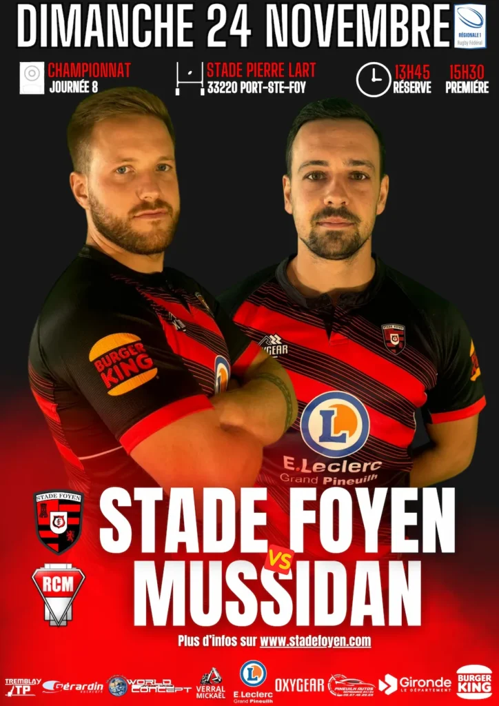 Affiche du match de rugby opposant le Stade Foyen et Mussidan le 24 Novembre 2024